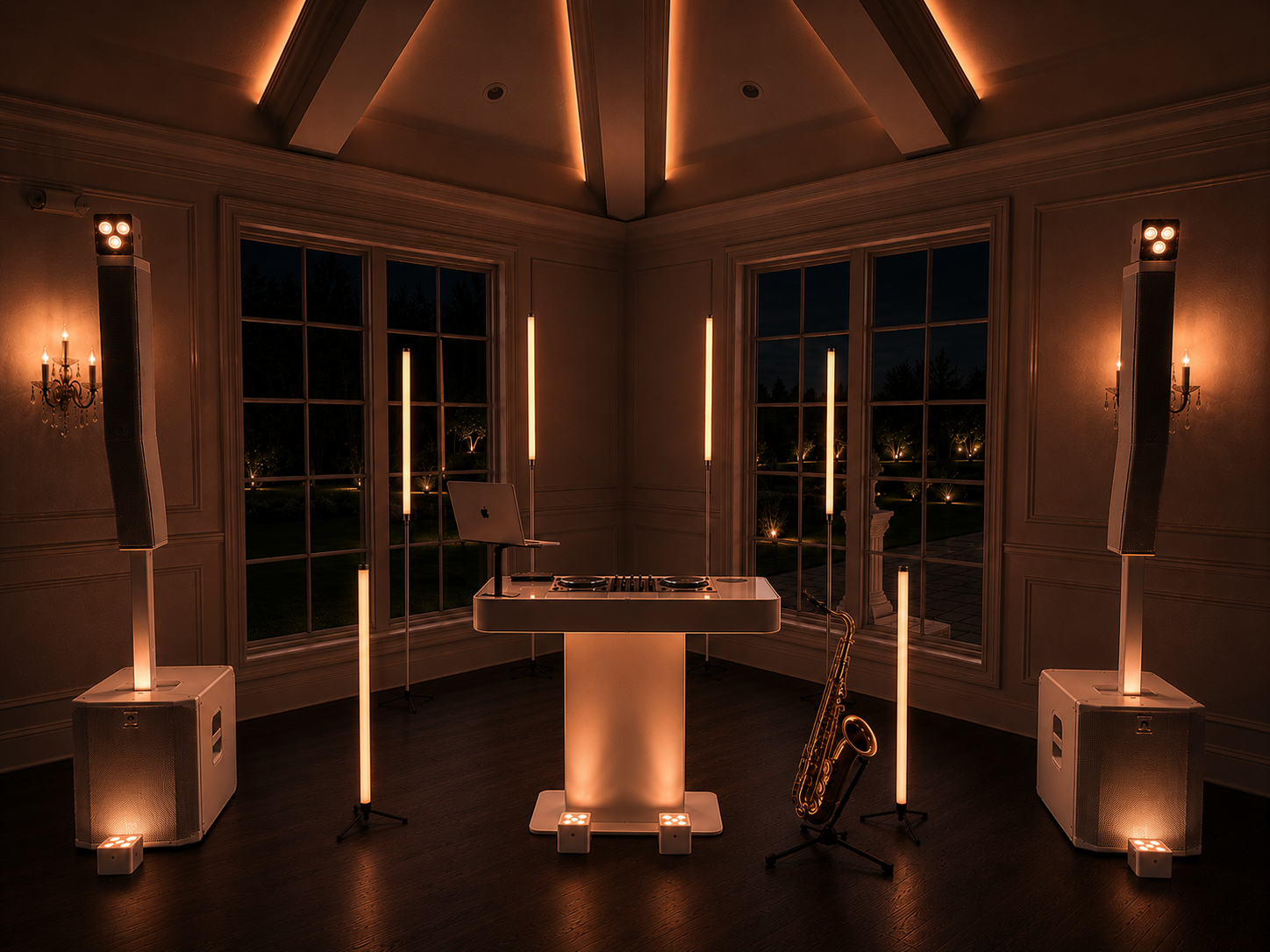 Knox Signature wedding setup with white DJ command center and architectural lighting
